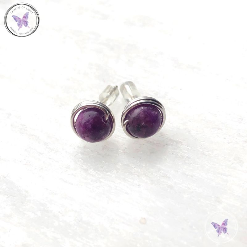 Lepidolite Silver Wire Wrap Stud Earrings